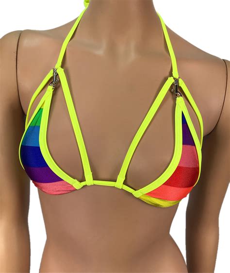 Rainbow Triangle Bikini Top Rave Outfits Skimpy Strappy String Etsy