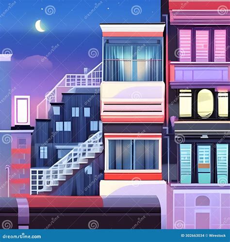 Illustration of a Vibrant Night Cityscape with the Illuminated Moon in ...