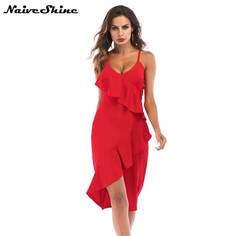 Naive Shine Sexy Red Women S Party Dresses Sleeveless V Neck Ruffles