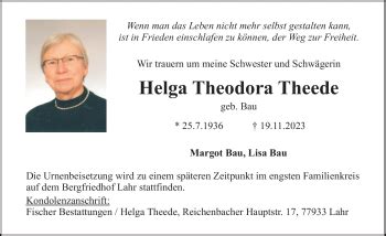 Traueranzeigen Von Helga Theodora Theede Schwarzw Lder Bote Trauer