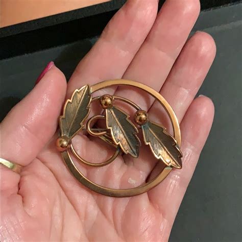 Vintage Bell Copper Leaf Brooch Gem