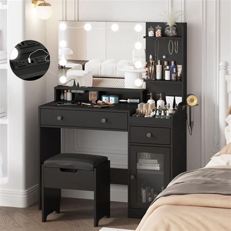 VEANERWOOD Black Vanity Desk With Mirror And Lights Makeup Vanity