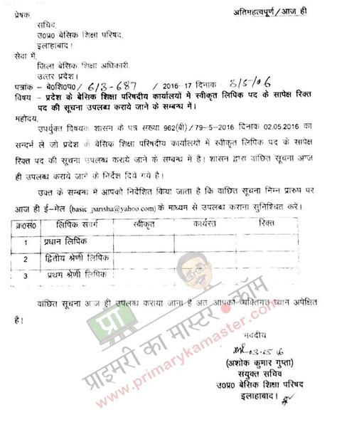 बेसिक शिक्षा परिषदीय कार्यालयों में स्वीकृत लिपिक पद के सापेक्ष रिक्त पद की सूचना उपलब्ध कराने