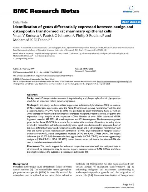 Pdf Identification Of Genes Differentially Expressed Between Benign