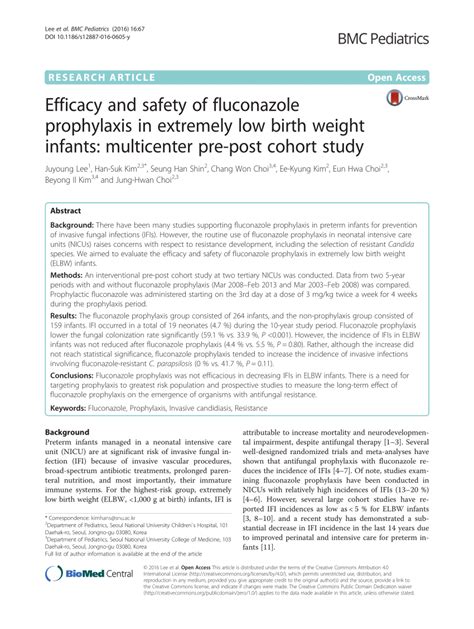 Pdf Efficacy And Safety Of Fluconazole Prophylaxis In Extremely Low Birth Weight Infants