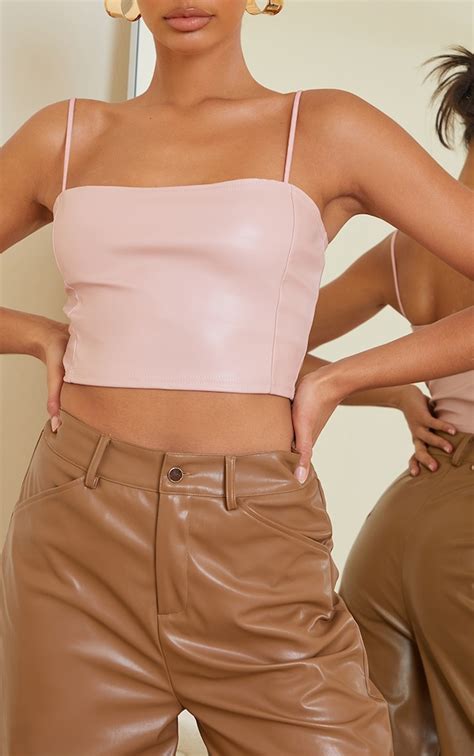 Light Pink Faux Leather Crop Top Tops Prettylittlething Usa