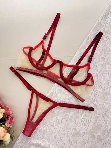 Conjunto Lingerie Sensual Tule Transparente Aro Meia Taça Parcelamento sem juros