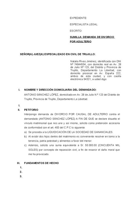 Demanda Civil Expediente Especialista Legal Escrito Sumilla