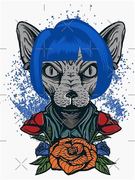 "Cat with Wig , funny and cute hairless cat with blue wig" Sticker for ...