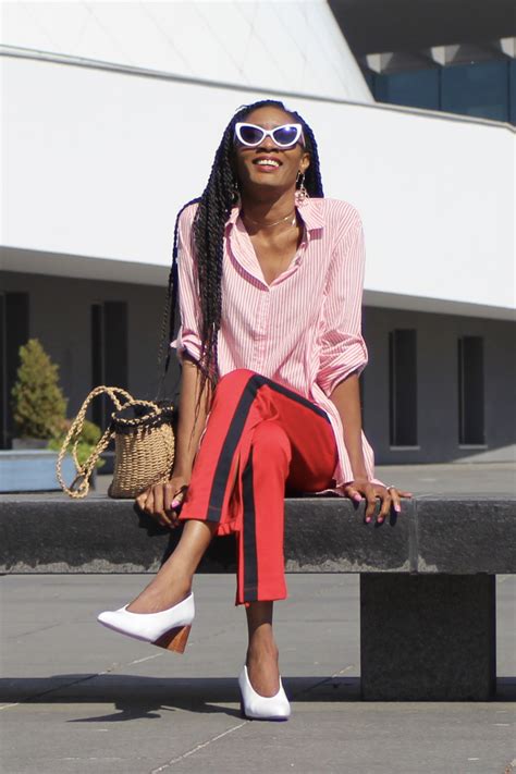 Track Pants Outfit In Red Tracks Pink Stripes And Bold Accessories