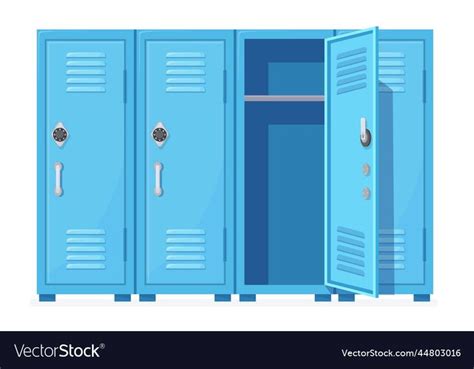 Three Blue Lockers With One Open And The Other Closed In Front Of It On