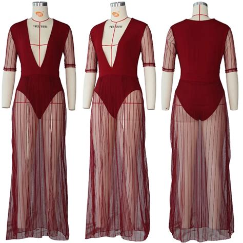 Hot Sell Deep V Neck Mesh Half Sleeved Legless Clothes Transparent Women Long Beach Dress