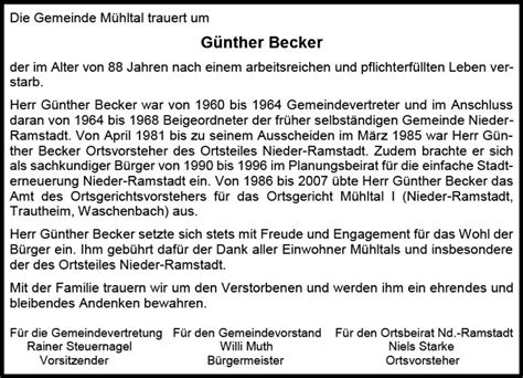 Traueranzeigen Von Günther Becker Vrm Trauerde