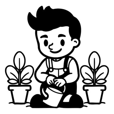 Un niño lindo regando plantas Ilustración vectorial Diseño plano