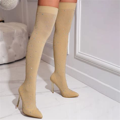 Cheap Women Thigh High Boots Sexy Crystal Party Shoes Stretch Fabric