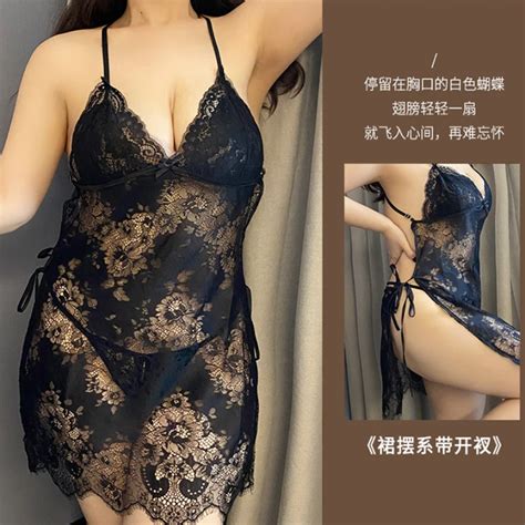 Plus Size Erotic Lace Nightdress Woman High Split Lingerie Dress Backless See Through Babydoll