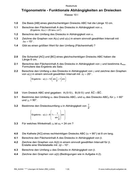 Trigonometrie Funktionale Abh Ngigkeiten An Dreiecken