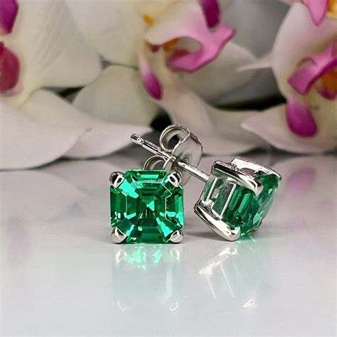 May Birthstone Earrings, Ladies Earrings, Asscher Emerald Studs, 14k ...