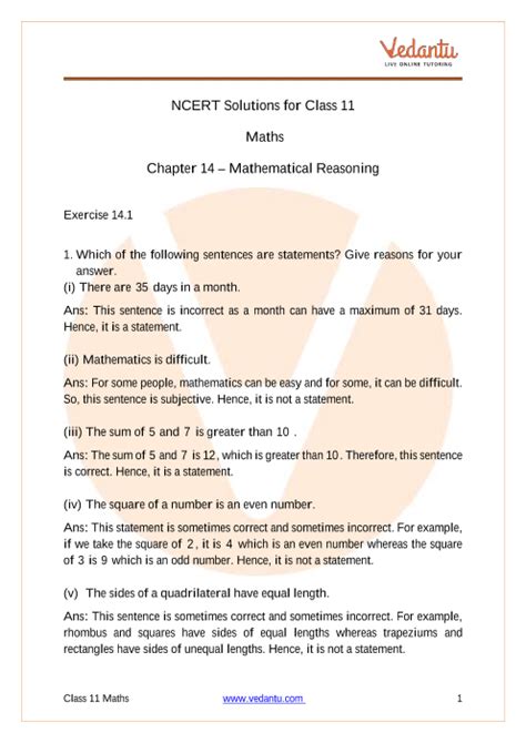 NCERT Solutions For Class 11 Maths Chapter 14 Mathematical Reasoning