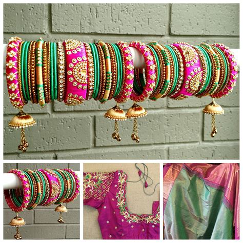 Indian Bridal Bangles Pink Green Gold Set Of 50 Silk Thread