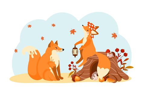 Cute foxes in the autumn forest, a fox on a stump and a fox in love. Cartoon baby illustration ...