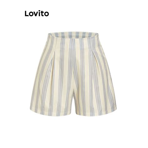 Set Quần Short Lovito Ráp Vải Xếp Ly Kẻ Sọc Boho Cho Nữ L71ed128 Áo