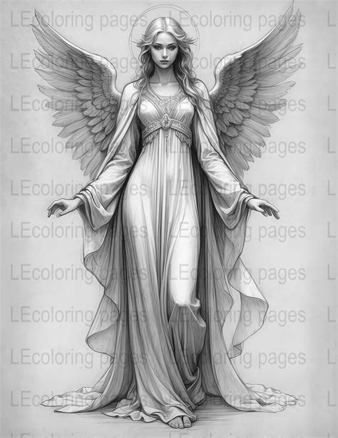 Angelic Adult Coloring Page Grayscale Printable Fantasy Digital