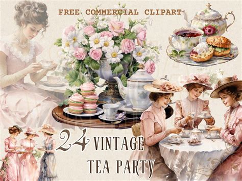 Vintage Tea Party Watercolor Clipart, Retro Tea Set Free Commercial PNG ...