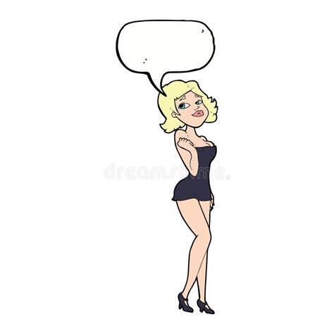 Cartoon Attractive Woman In Short Dress With Speech Bubble Stock