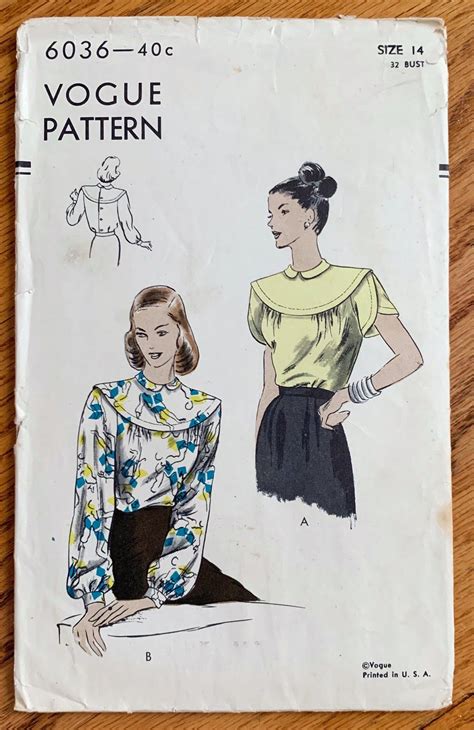 Vintage 1940s Sewing Pattern B32 Womens Blouse W Round Drop Shoulder