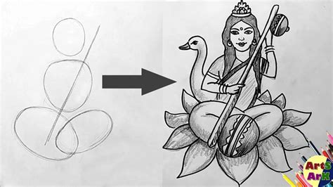 Saraswati Debi easy drawing for beginners | 2 Handed Maa Saraswati ...