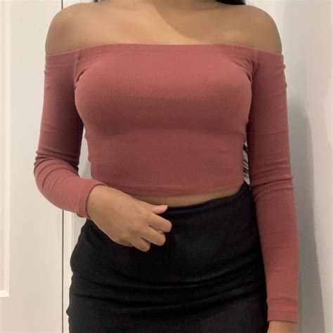 Off Shoulder Ribbed Long Sleeve Crop From General Depop