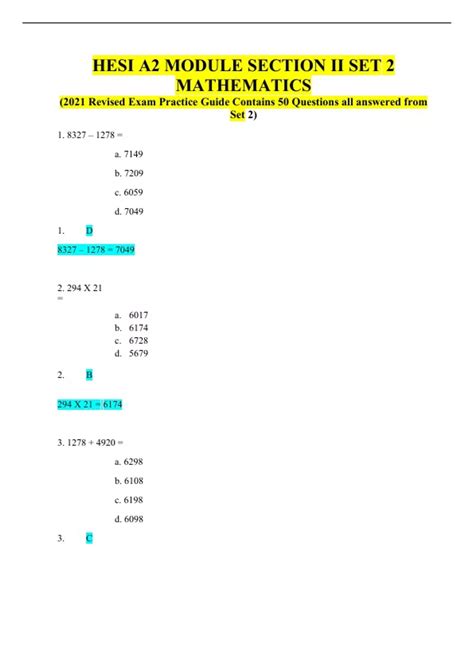 HESI A2 MODULE SECTION II SET 2 MATHEMATICS (2021 Revised Exam Practice Guide Contains 50