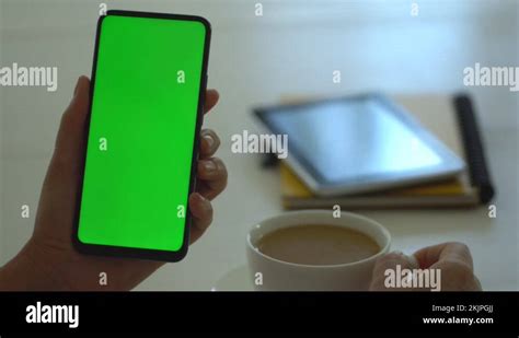 Back View Of Brunette Holding Chroma Key Green Screen Smartphone Watching Stock Video Footage