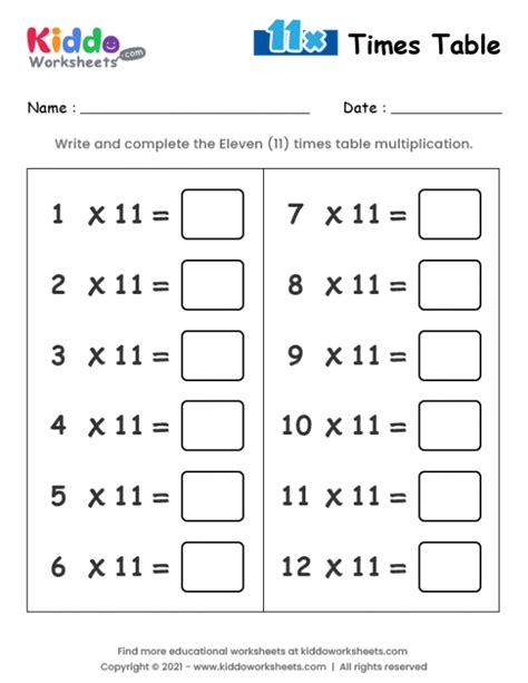 Free Printable 11 Times Table Worksheet Worksheet - kiddoworksheets