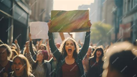 Premium Photo A Woman Holding Up A Sign In A Protesting Crowd Ai