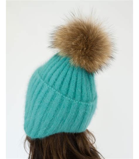 Rhian Knit Beanie With Finn Raccoon Fur Pom Pom In Green At