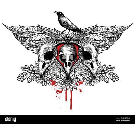 Three Bird Skulls with blood, Gothic Illustration, Tattoo style, Wings ...