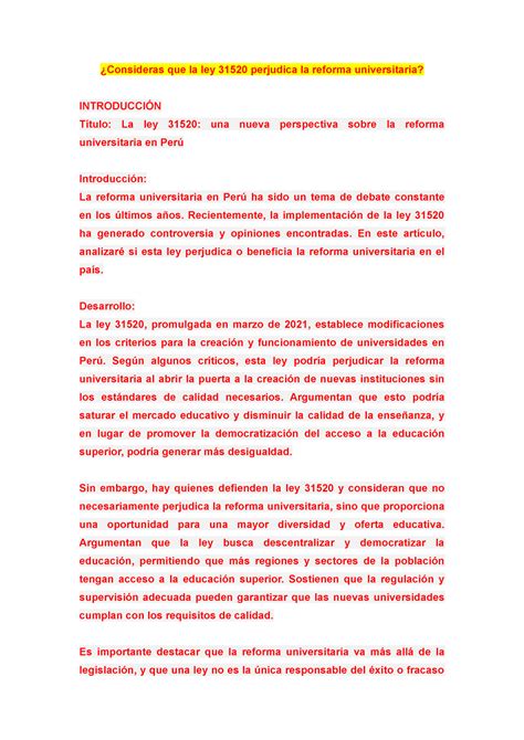 Consideras Que La Ley 31520 Perjudica La Reforma Recientemente La