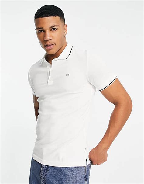 Calvin Klein Stretch Pique Tipping Slim Fit Polo In White Asos