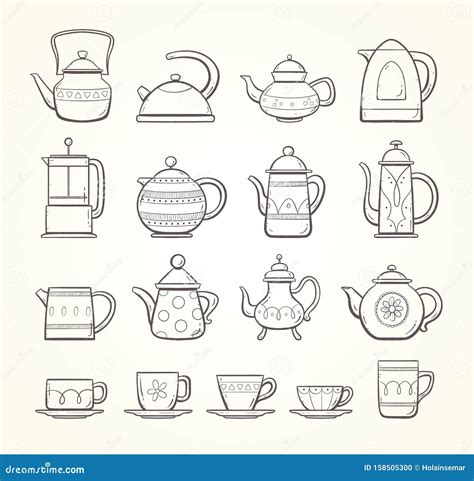 Hand Drawn Teapots And Cups Collection Stock Vector Illustration Of