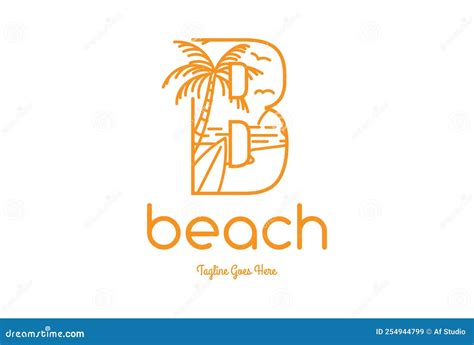 Letter B With Palm Tree Wave Sea Sunset And Surfboard For Beach Surf