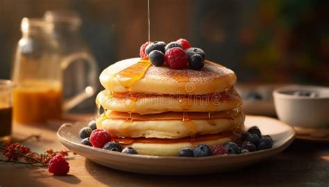 Fresh Blueberry Pancakes With Raspberry Syrup Pouring Generated By Ai Stock Image Image Of