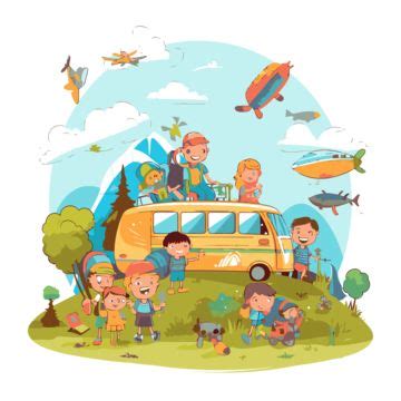 Field Trip Clipart Colorful Kids In A Bus On Nature With Airplanes And ...