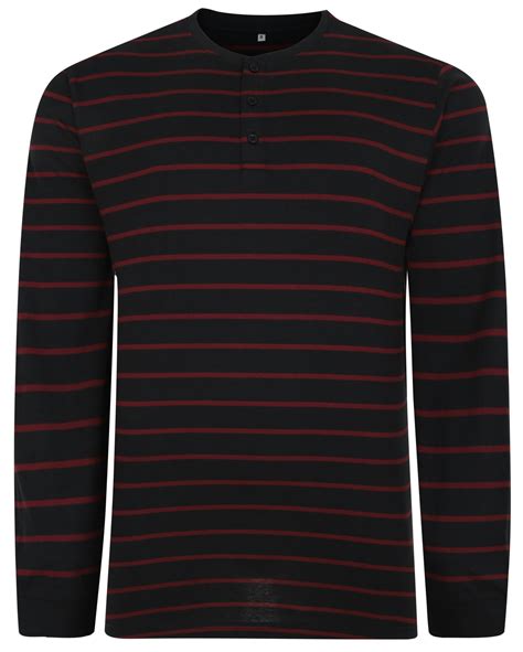 Bigdude Striped Long Sleeve Grandad T Shirt Black Burgundy Bigdude