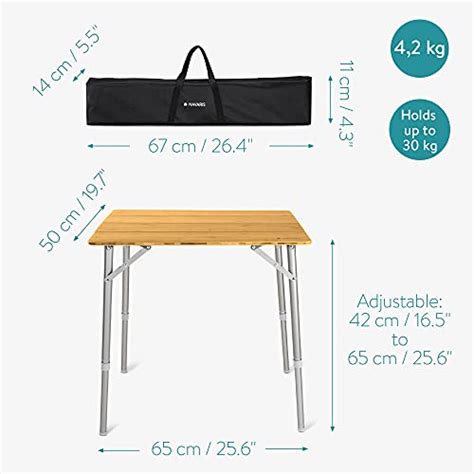 Navaris Table pliante portable en bambou Hauteur réglable Table de