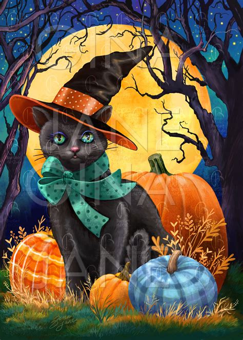 Halloween Black Cat Witch With Pumpkins And Full Moon Etsy