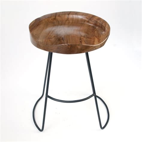 Contemporary Solid Natural Timber Teak Wood Short Bar Stool With Metal