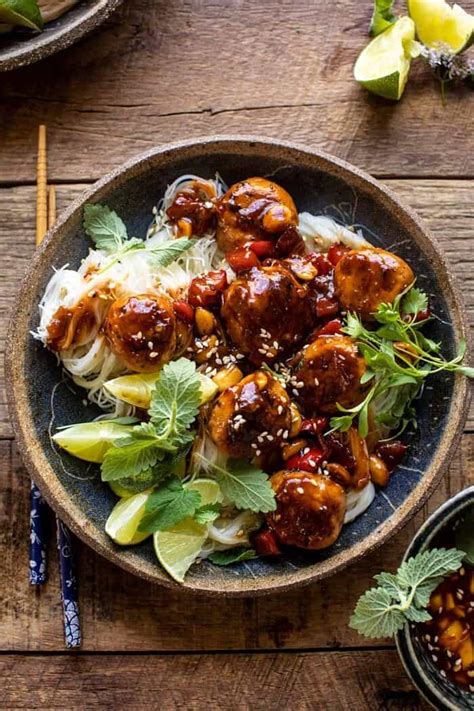 30 Minute Sticky Thai Meatballs With Sesame Noodles Half Baked Harvest