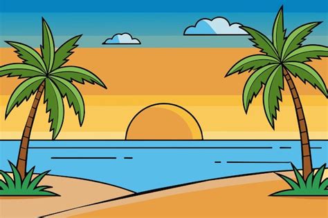 Premium Vector | A cartoon drawing of palm trees on a beach with a beach in the background